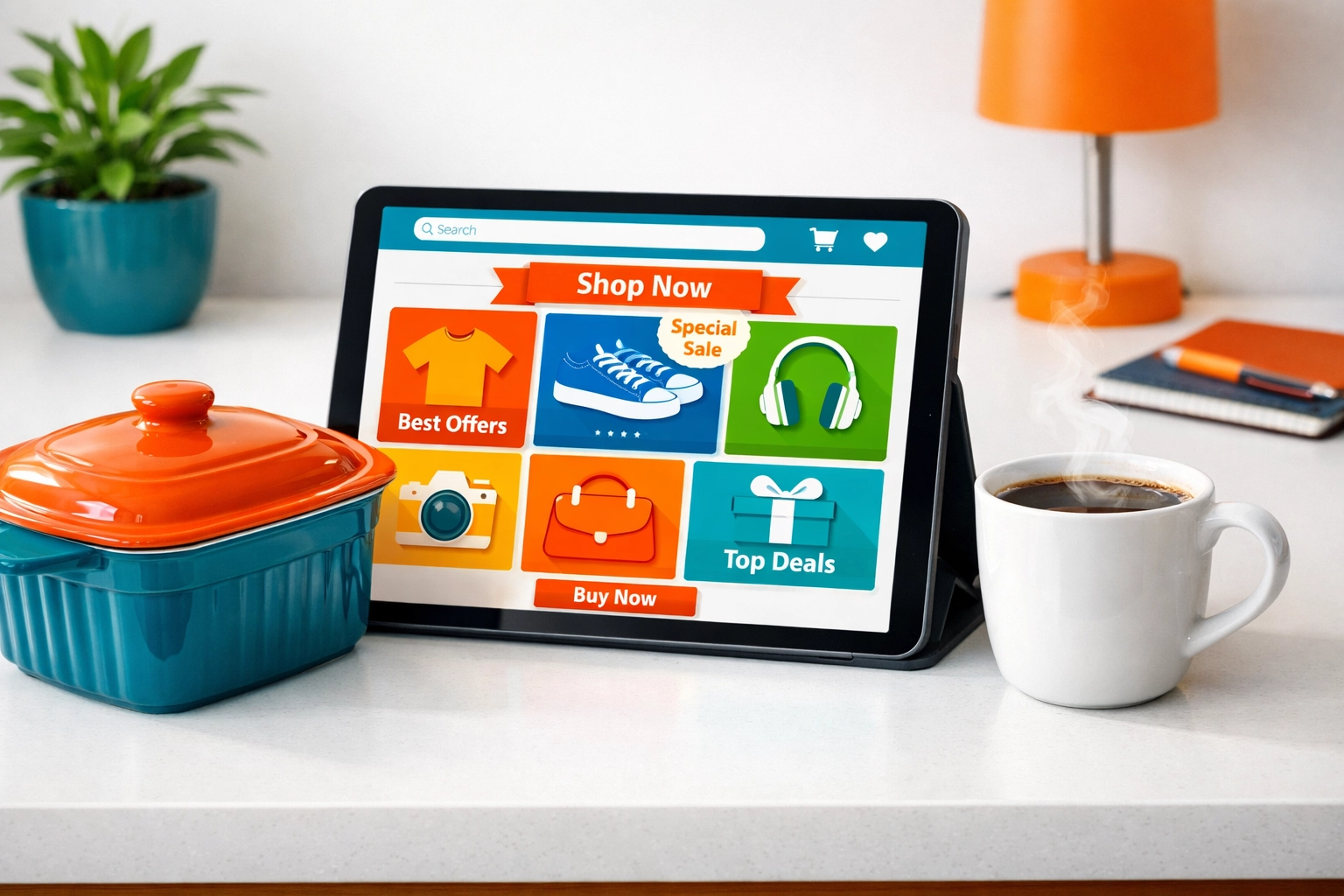 A tablet displaying the best deals today next to a premium baking dish, showcasing smart e-commerce shopping.