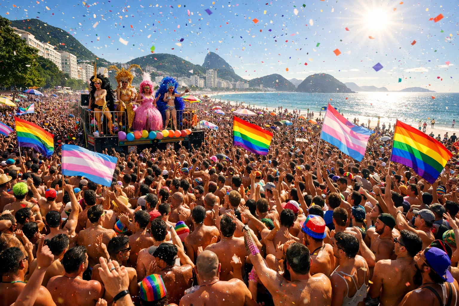 LGBTQ+ crowd at Copacabana Carnival bloco with drag queens and pride flags