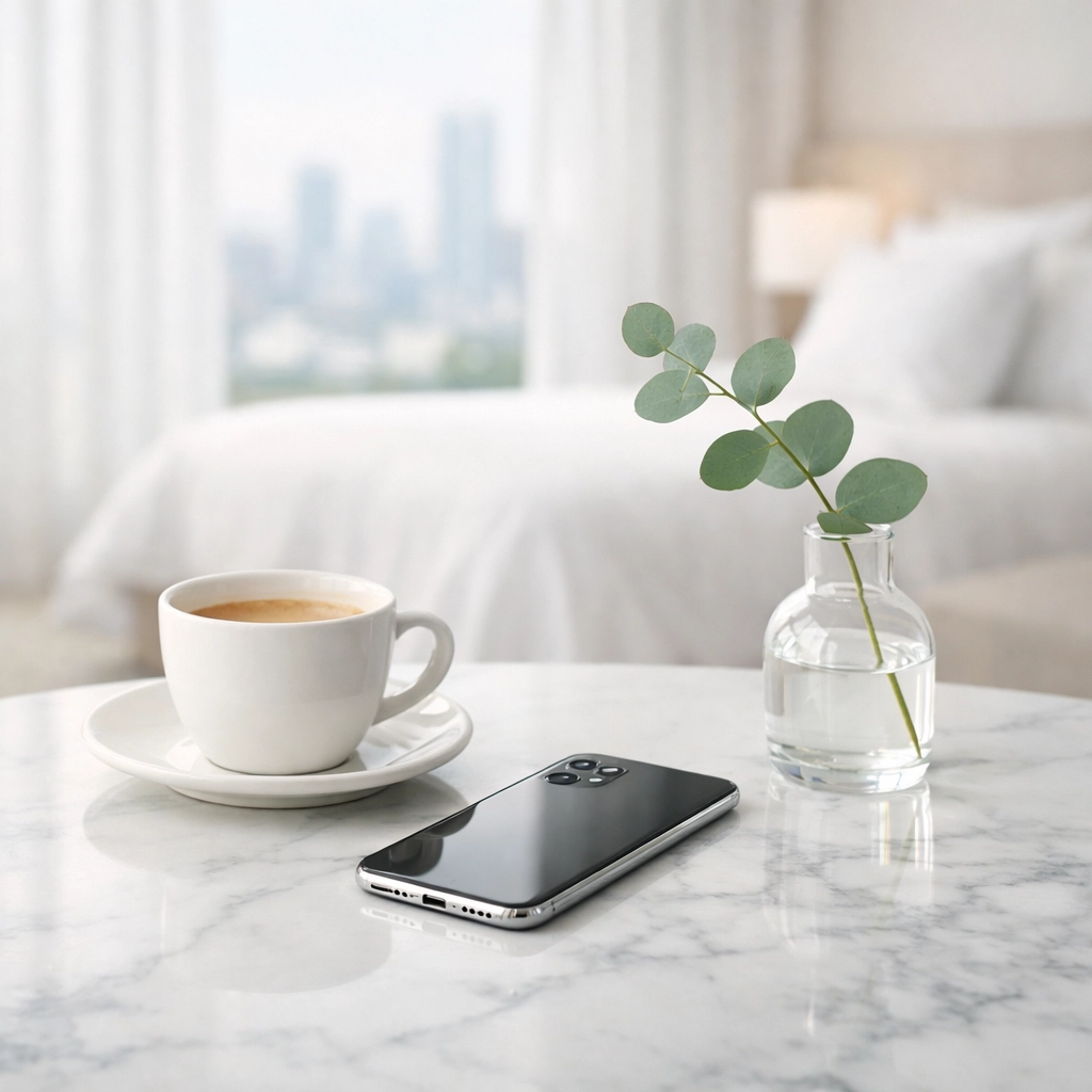 Modern hospitality technology on a smartphone in a luxury hotel suite for a seamless guest experience.