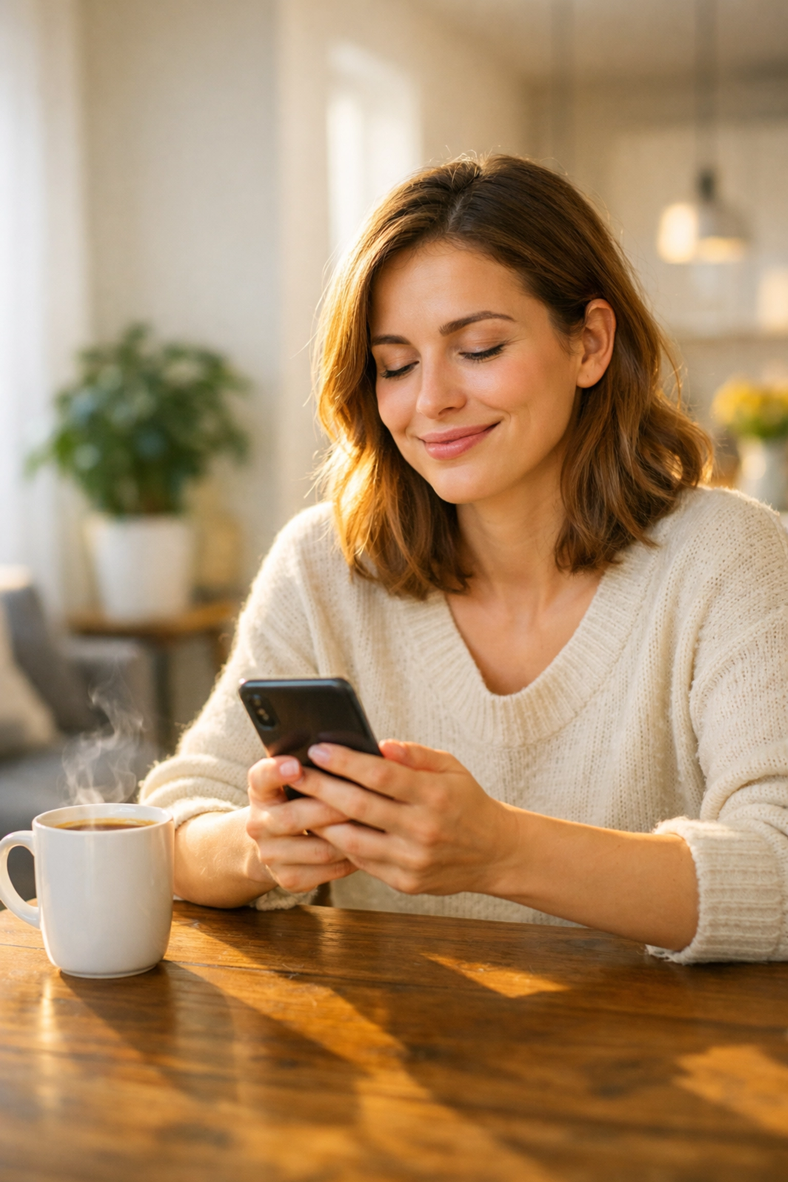 Femme souriante recevant un crédit rapide sans enquête de crédit sur son téléphone au petit-déjeuner.