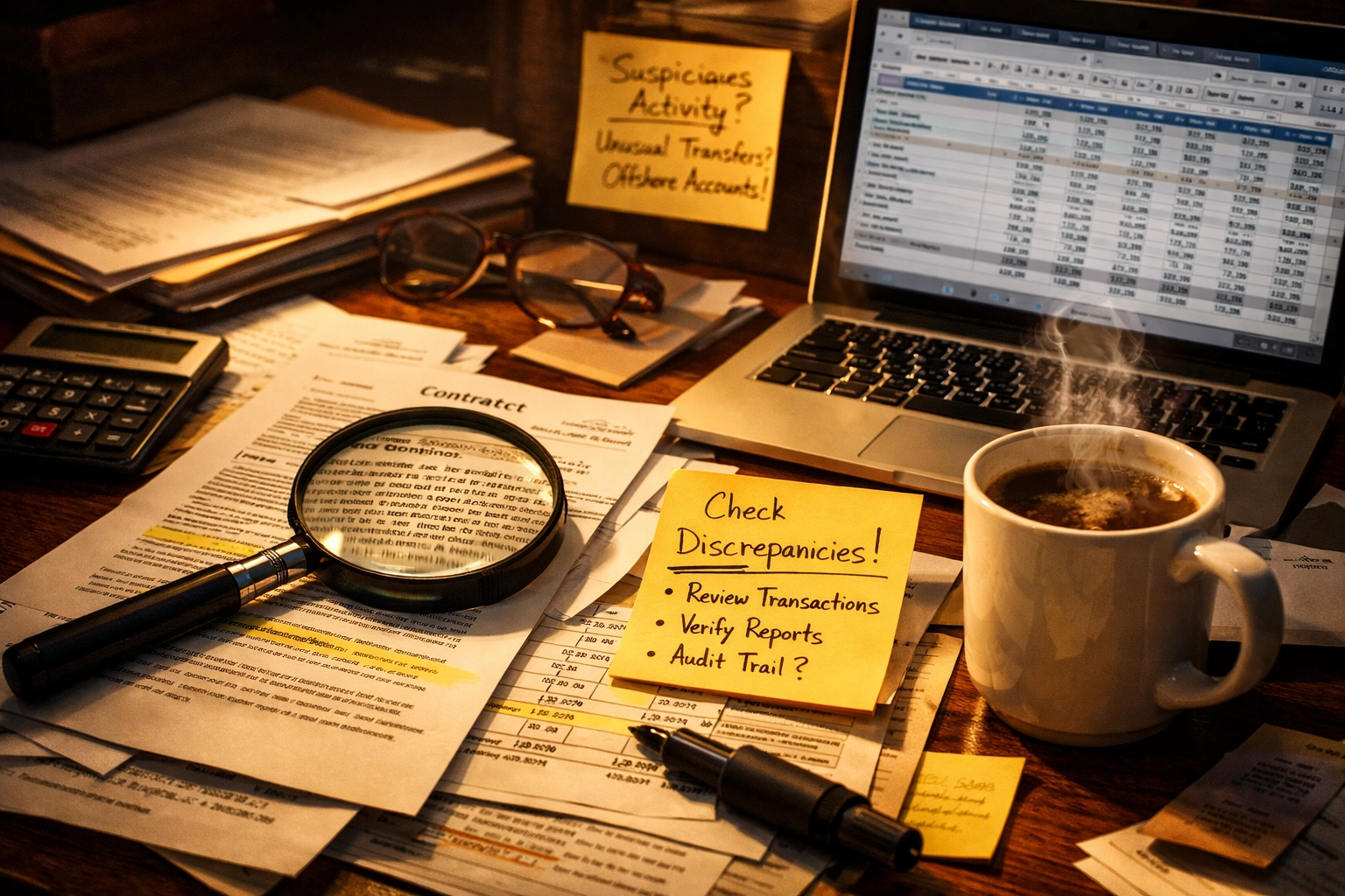 Investment due diligence workspace with financial documents and research materials