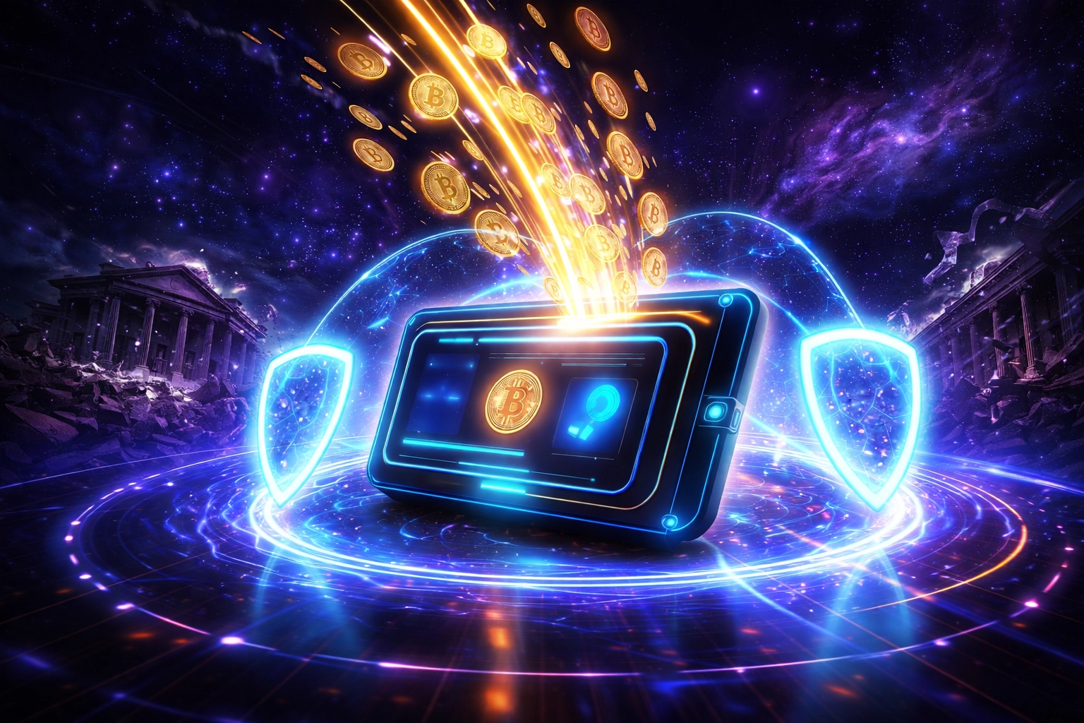 Glowing digital wallet receiving cryptocurrency coins in space, symbolizing self-custody and secure global LUSD payments.