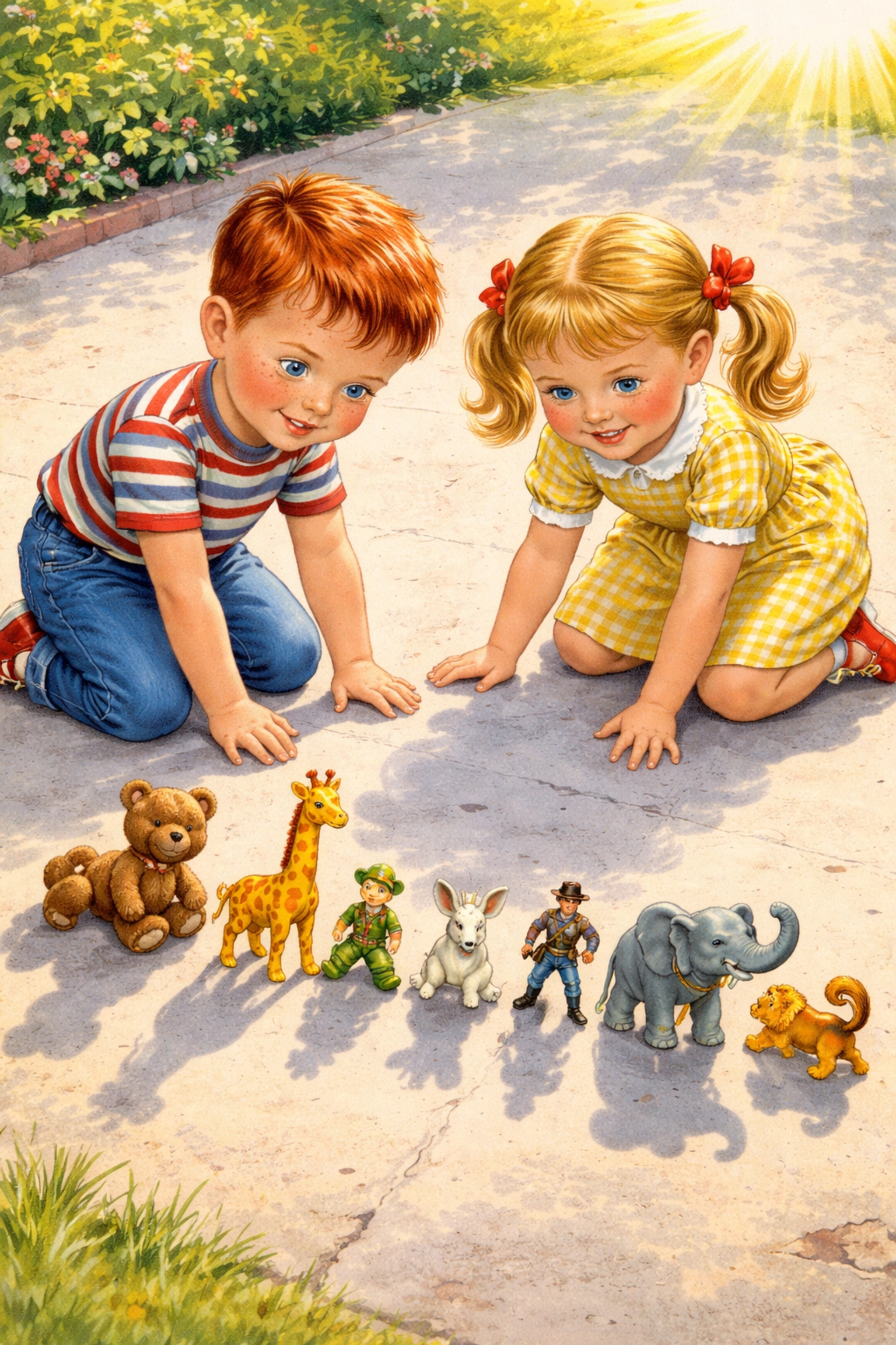 Children arranging colorful toys on a driveway to create playful shadows for tracing outdoors