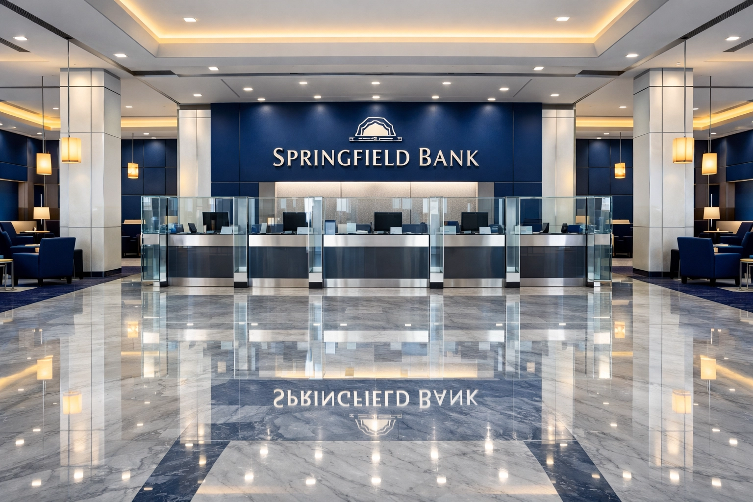 Professional bank lobby in Springfield with polished marble floors and clean teller stations.