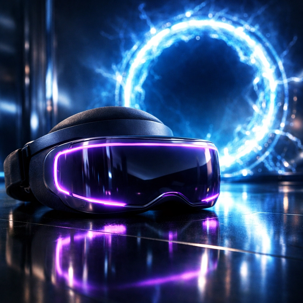 A sleek, futuristic virtual reality headset representing the high-tech appeal of VR corporate events.