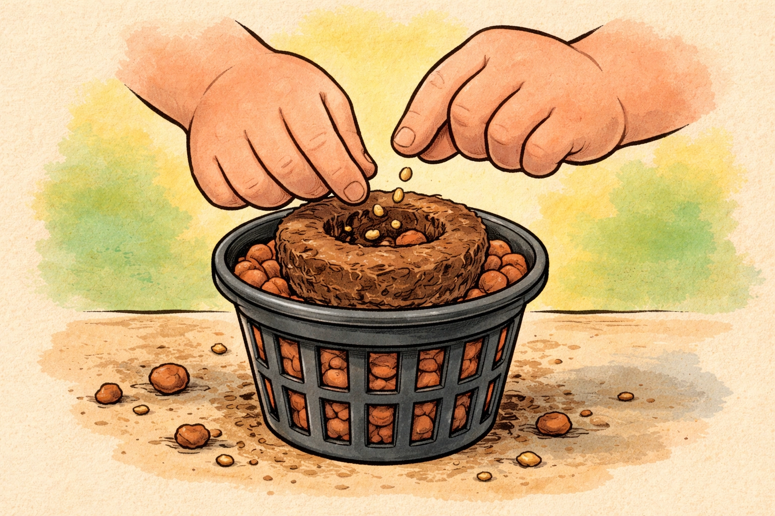 Close-up of child planting seeds into a coconut coir pellet for a step-by-step hydroponics project