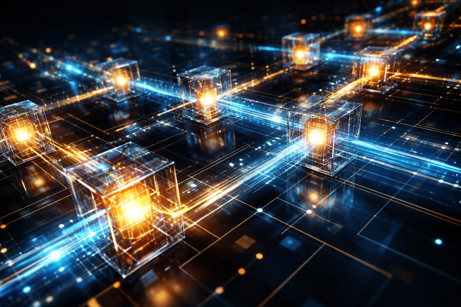 Futuristic blockchain infrastructure with glowing nodes displaying Larecoin’s decentralized payment network and efficiency.