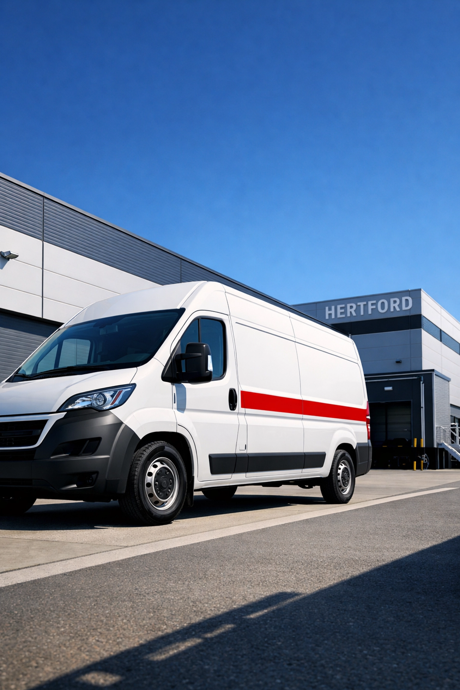 Professional distribution vehicle outside a modern Hertford storage and fulfilment facility for local logistics.