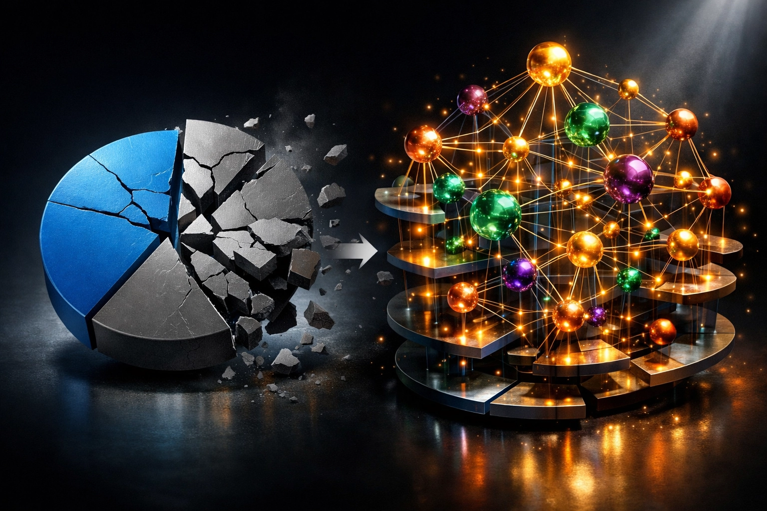 Traditional portfolio model transforming into modern diversified investment strategy with multiple asset classes