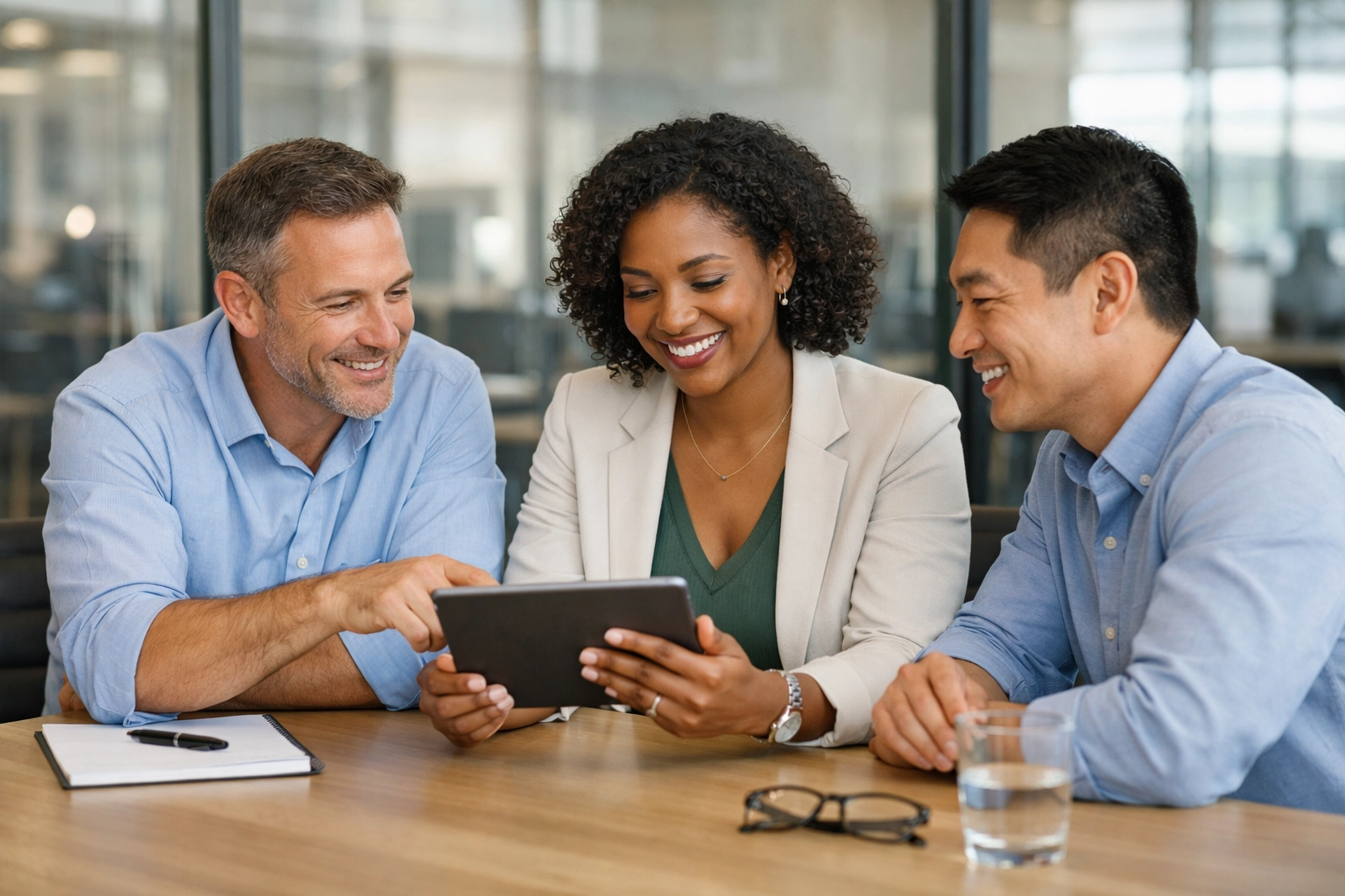 Dakdan Worldwide consultants collaborating on a strategic media asset management plan in a modern conference room.