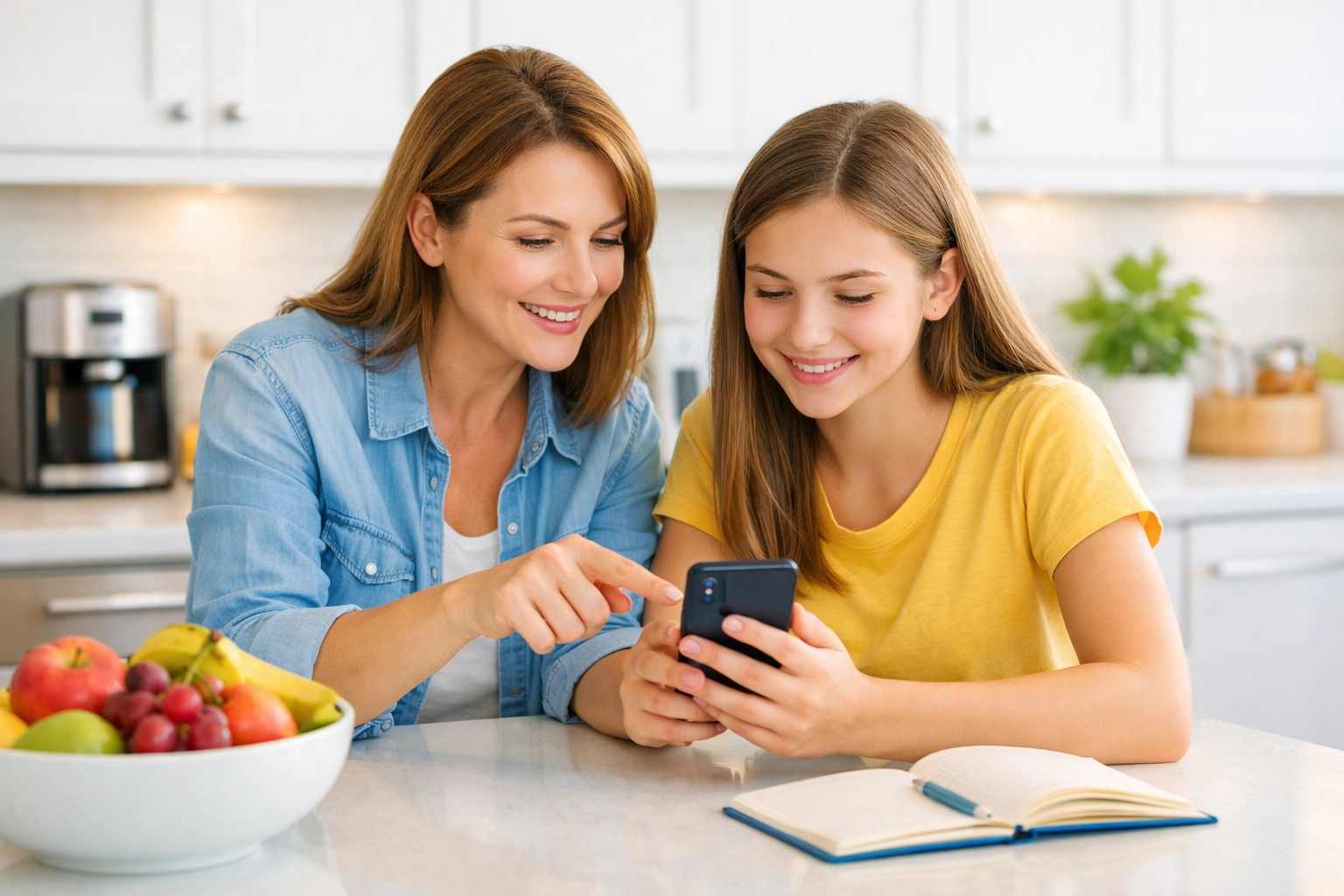 Mother and teenage daughter using a smartphone for safe family-centered digital devotion.