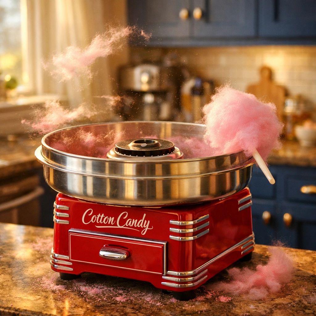 Red cotton candy machine rental on kitchen counter ready for Tuesday night fun