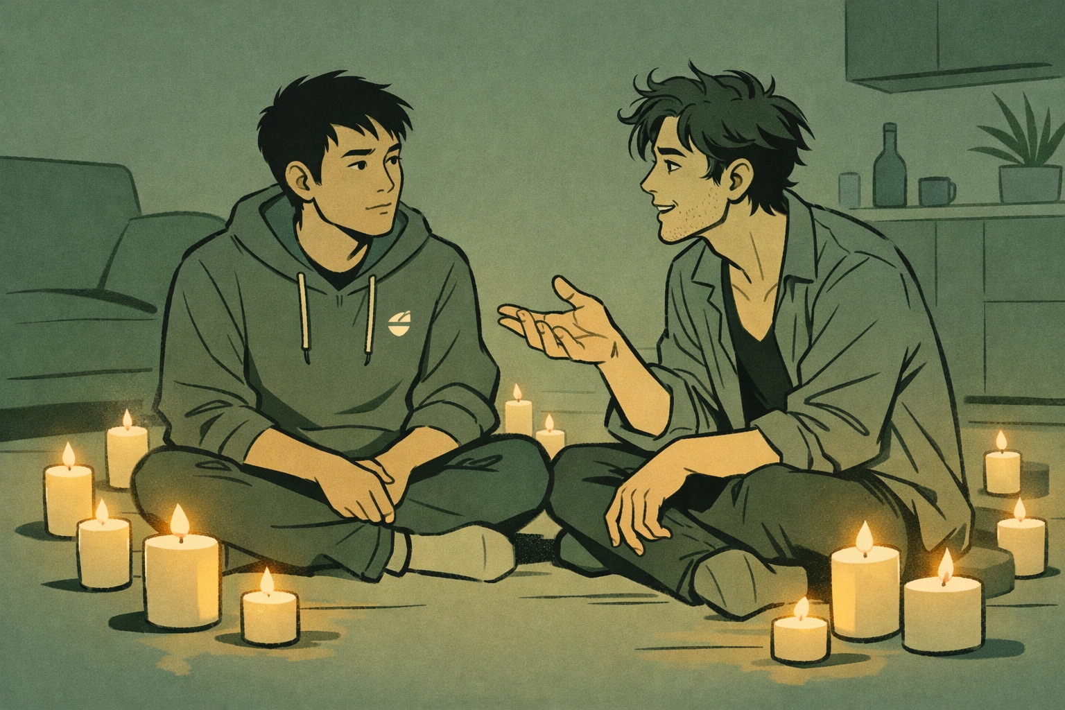 Two gay men connect authentically by candlelight, sharing vulnerability and beginning real romance