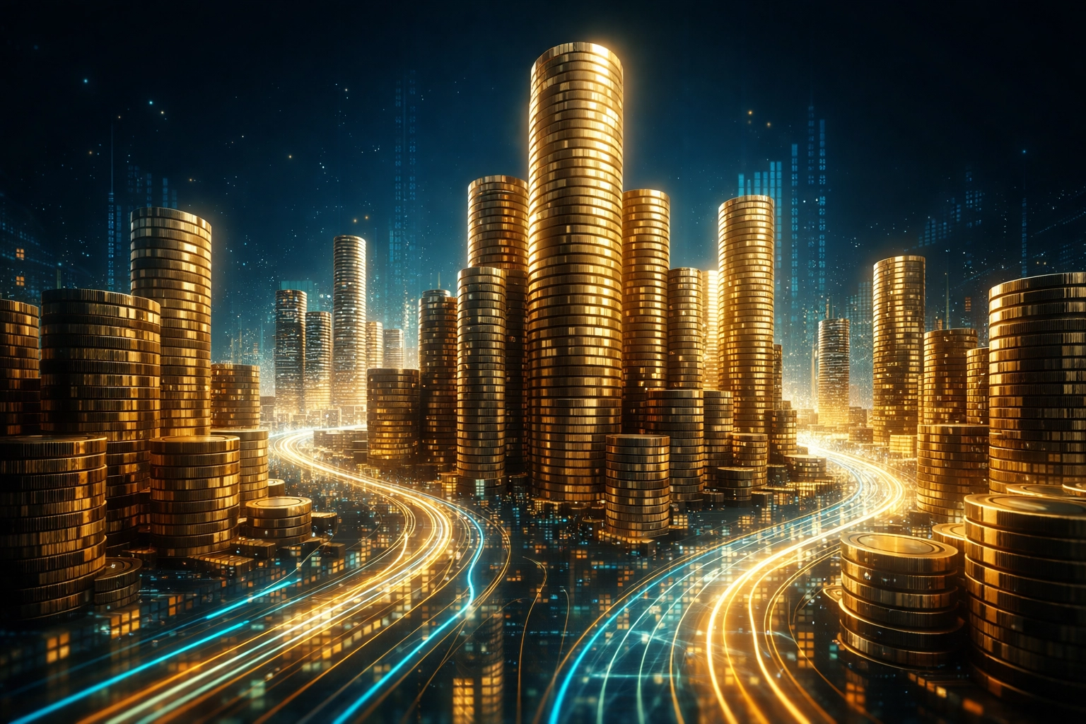 Towering stacks of coins and streaming digital data visualize private credit market growth and capital deployment in 2026.