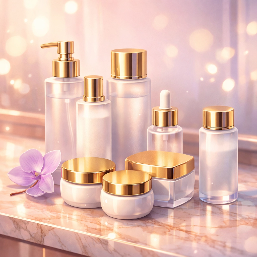 Premium PMU aftercare kit featuring high-end Korean beauty skincare bottles on a luxury marble vanity.