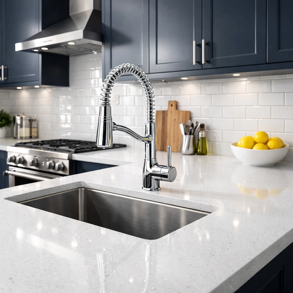 Sparkling clean kitchen with white quartz countertops highlighting professional deep cleaning Worcester results.
