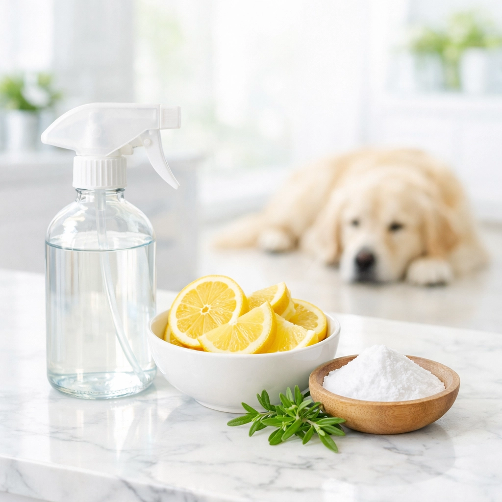 Eco-friendly house cleaning MA supplies and lemons in a bright, clean Worcester luxury kitchen.