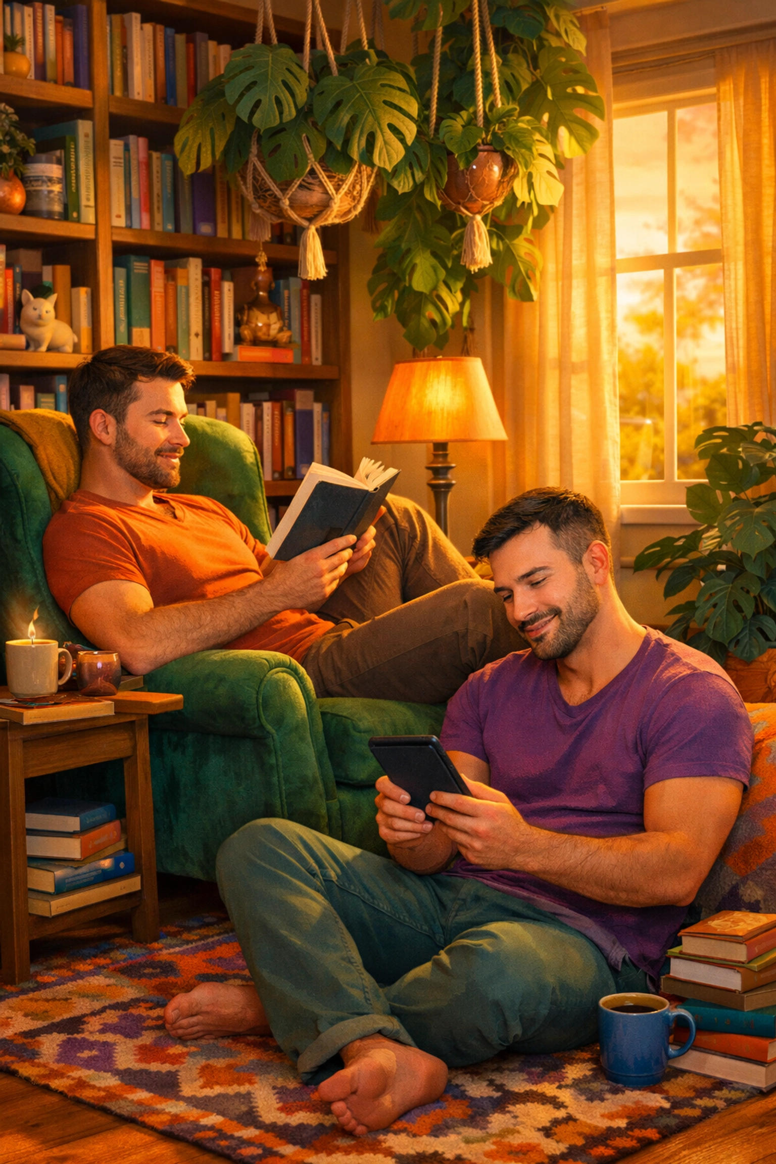 A gay couple enjoying MM romance books in a cozy reading nook for daily LGBTQ+ self-care and grounding.