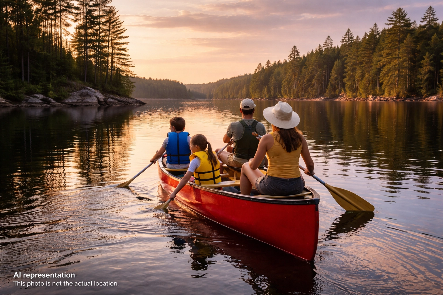Family canoeing on a tranquil Ontario Highlands lake at sunset — AI representation