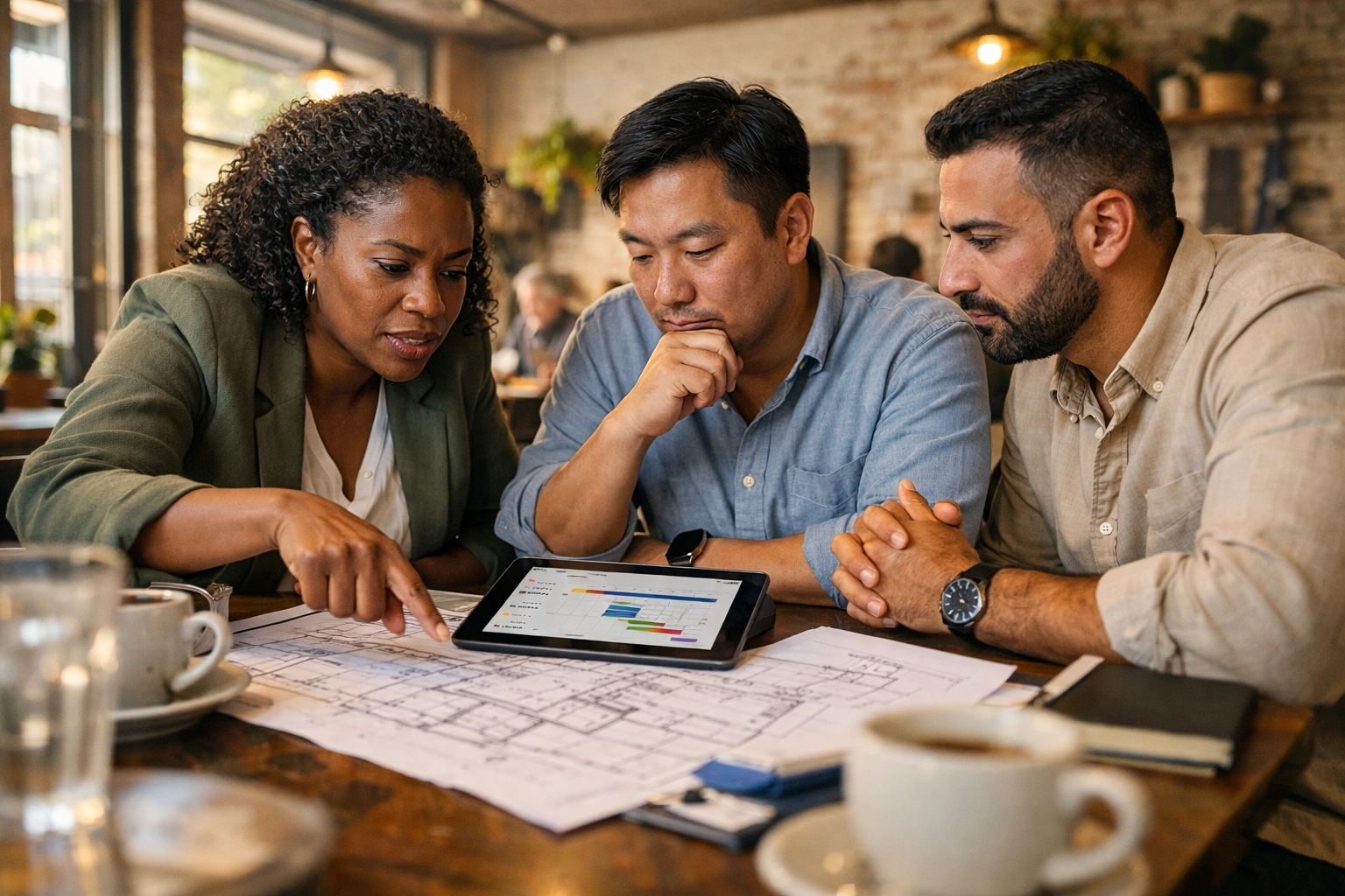 Diverse business partners reviewing project milestones for a restaurant feasibility analysis in a cafe.
