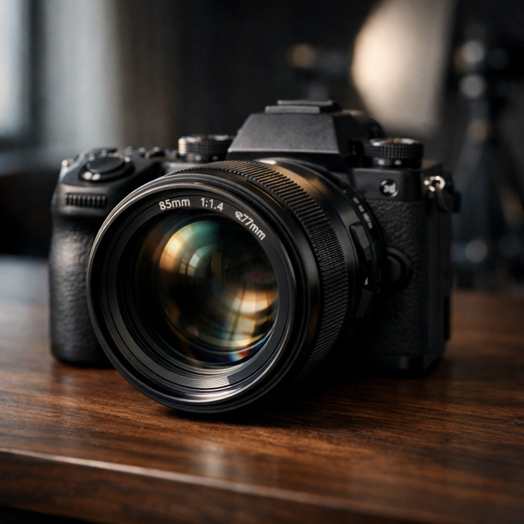Professional mirrorless camera with 85mm lens for mastering portrait techniques.