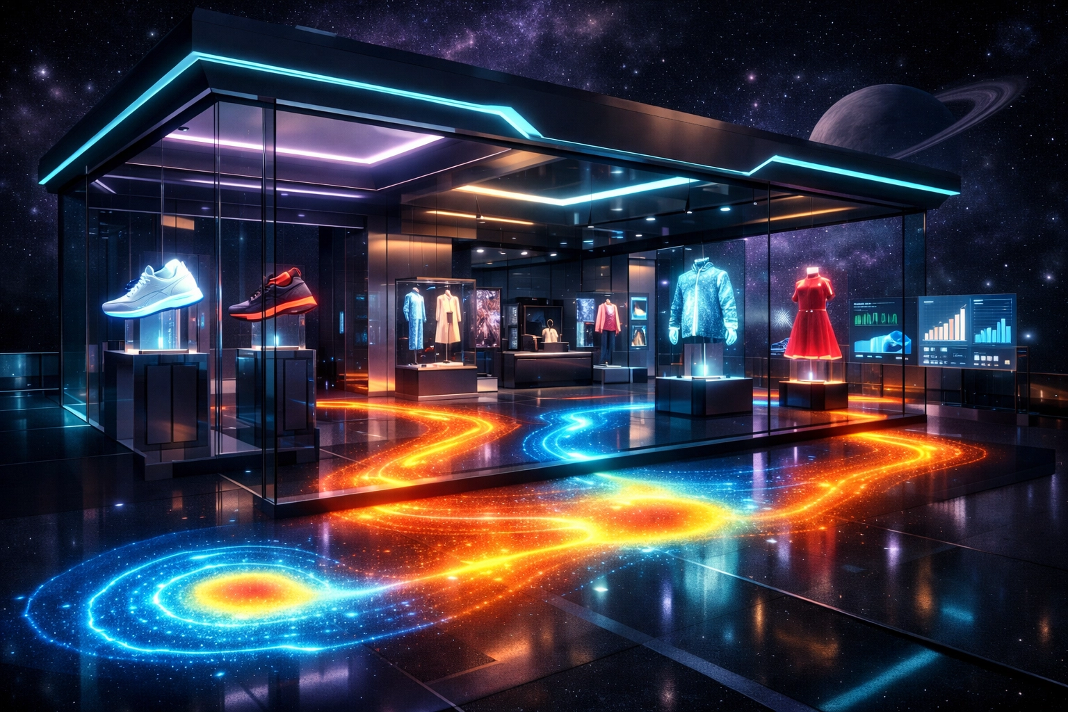 Larecoin AI spatial heatmaps in a metaverse retail store tracking customer behavior for optimized B2B2C shopping.