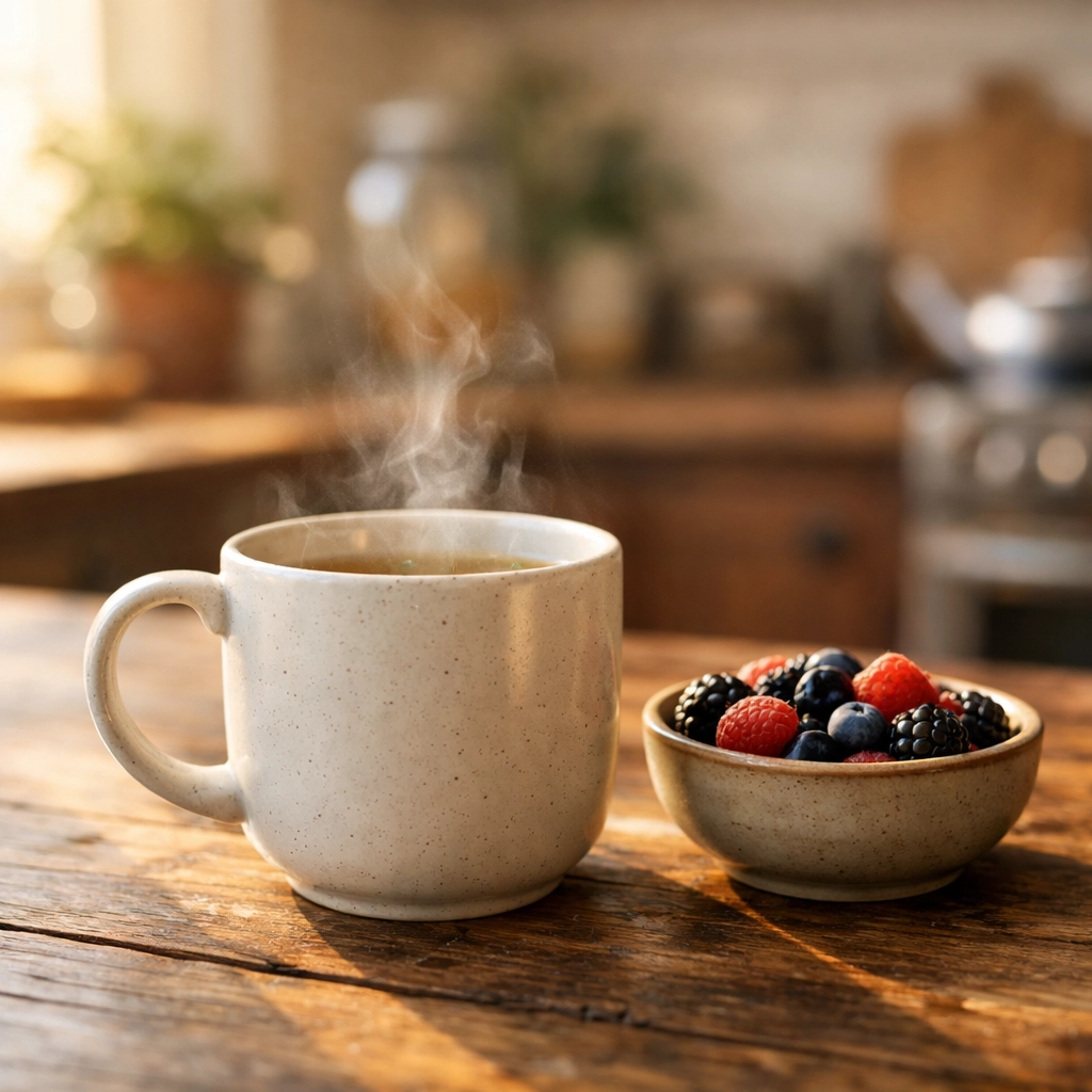 Steaming tea and berries showing a nourished home during postpartum recovery support.