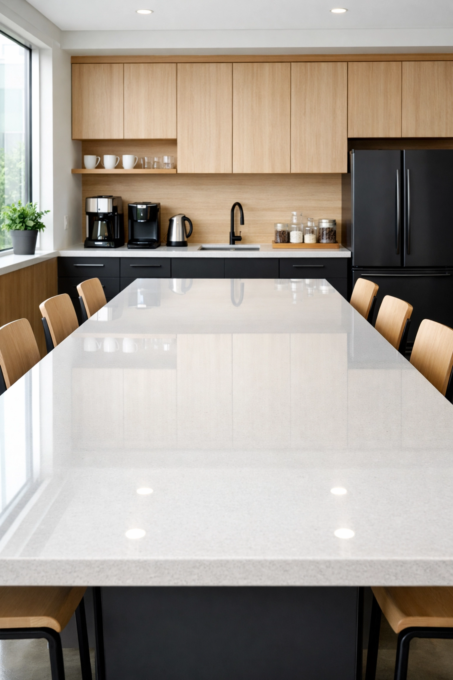 Clean modern corporate breakroom in Indianapolis showing spotless quartz tables and recurring maintenance.