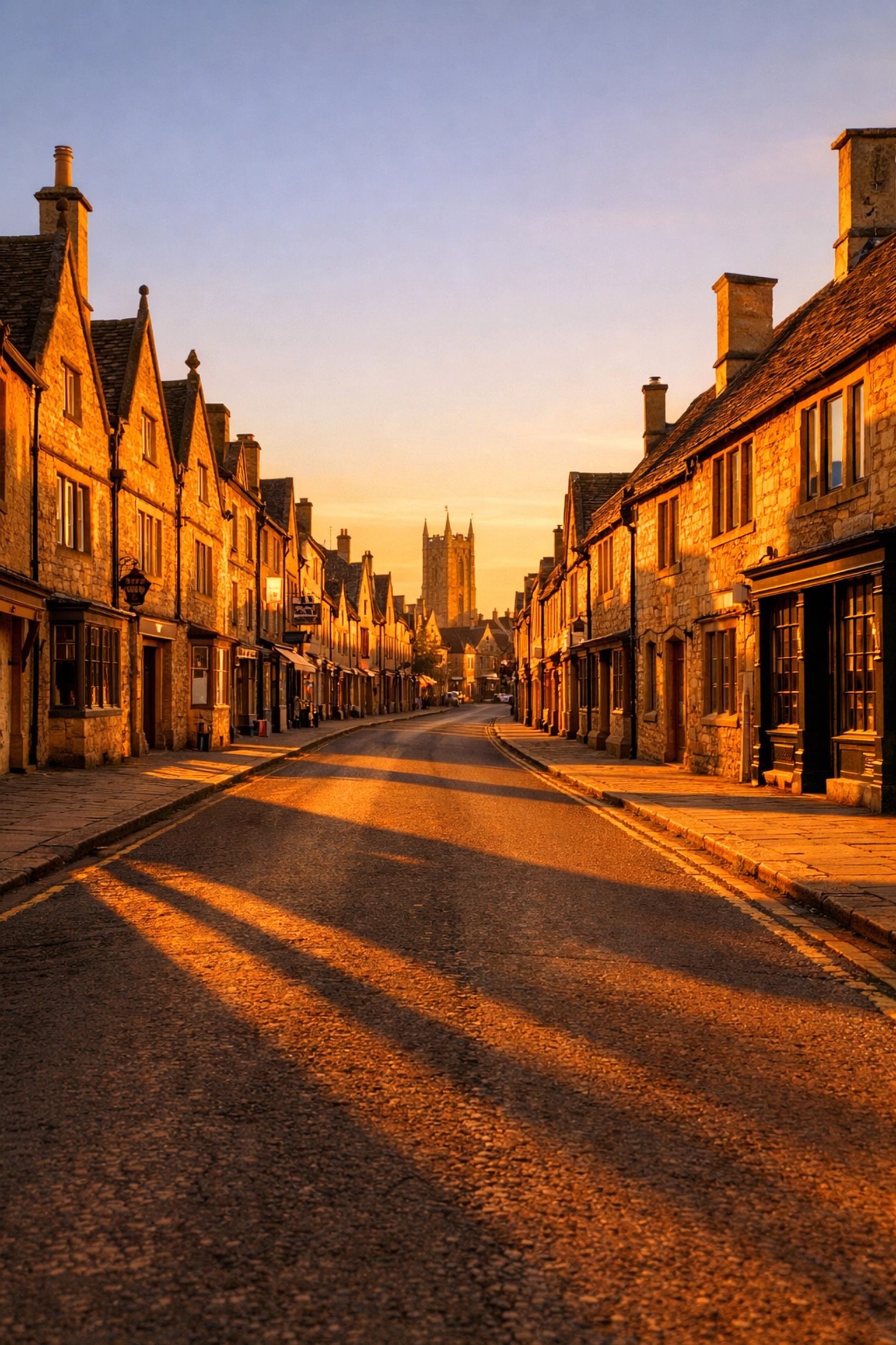 Chipping Campden High Street with golden Cotswold limestone buildings at sunset