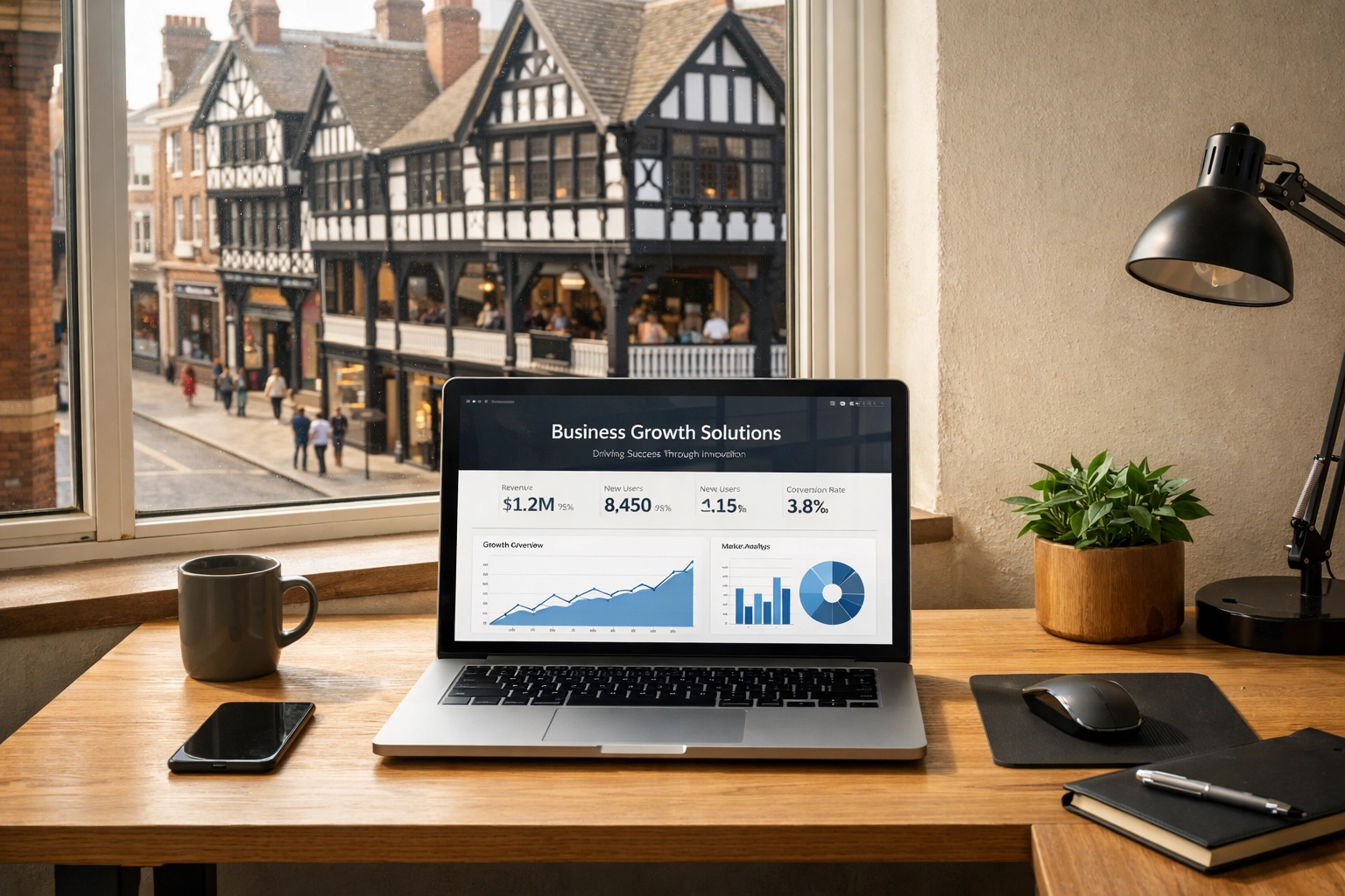 Modern web design agency project on a laptop in a Chester office overlooking the Rows.