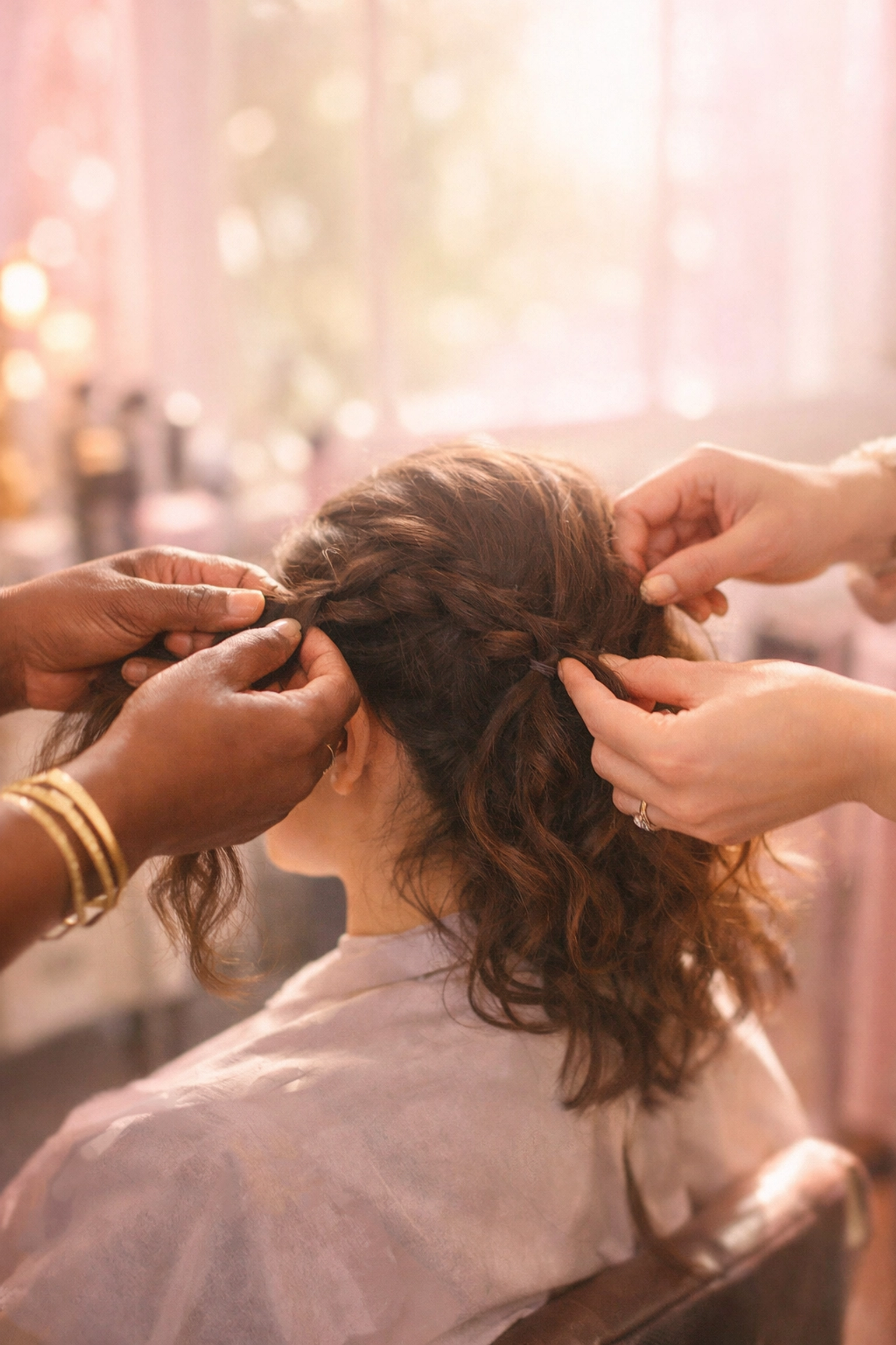 Stylist gently caring for client's hair in welcoming salon therapy environment