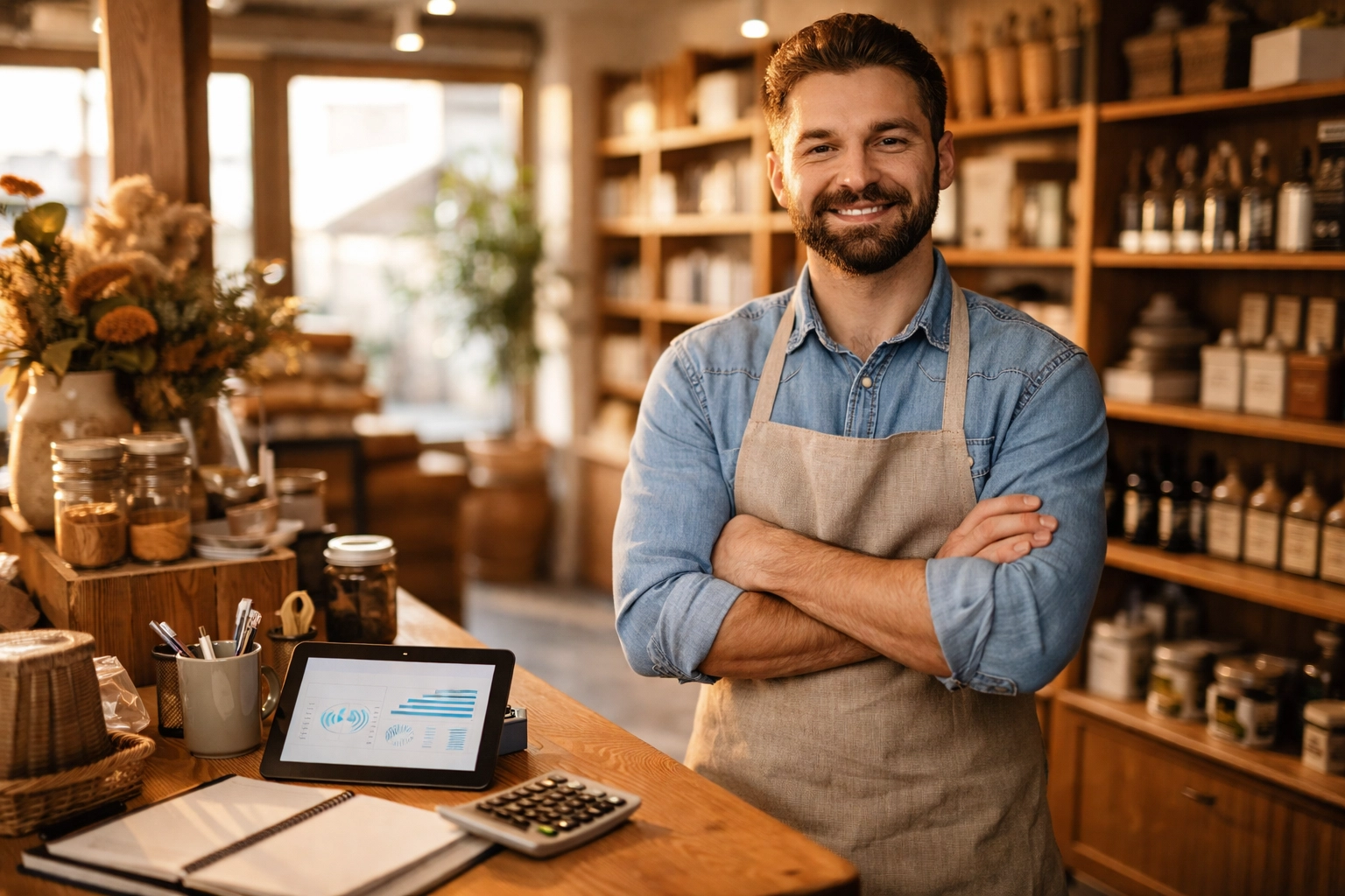 Retail shop owner reviews financial data on a tablet, illustrating cost savings with fractional executives. Retail shop owner reviews financial data on a tablet, illustrating cost savings with fractional executives.