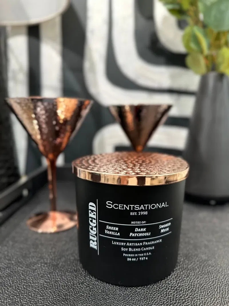 Rugged scented candle on a tray