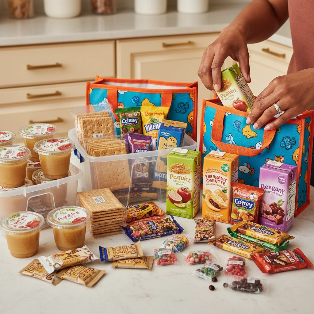 A picture displaying various snacks: apple sauce cups, crackers, juice boxes, granola bars, fruit snacks, and two small tote bags a mom's hands is putting things into them. 
7 Mistakes Single Moms Make with Emergency Kits (and How to Fix Them Fast)