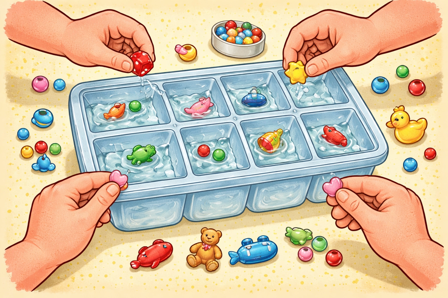 Child using dropper to melt ice block with toy dinosaur during ice excavation activity at kitchen table