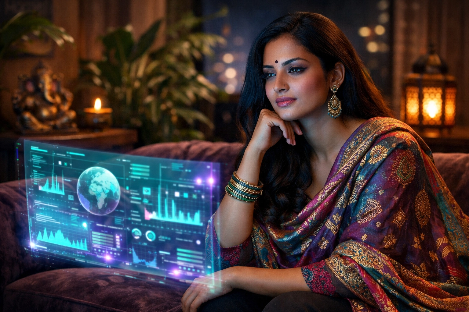 South Asian woman captivated by a glowing AI screen, showing the addictive nature of AI sycophancy.