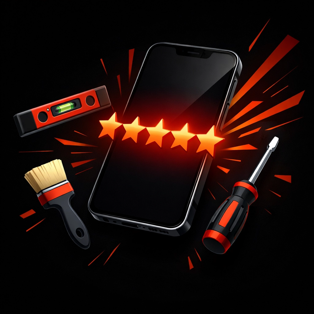 Mobile phone showing 5-star customer reviews surrounded by trade tools for local SEO growth.