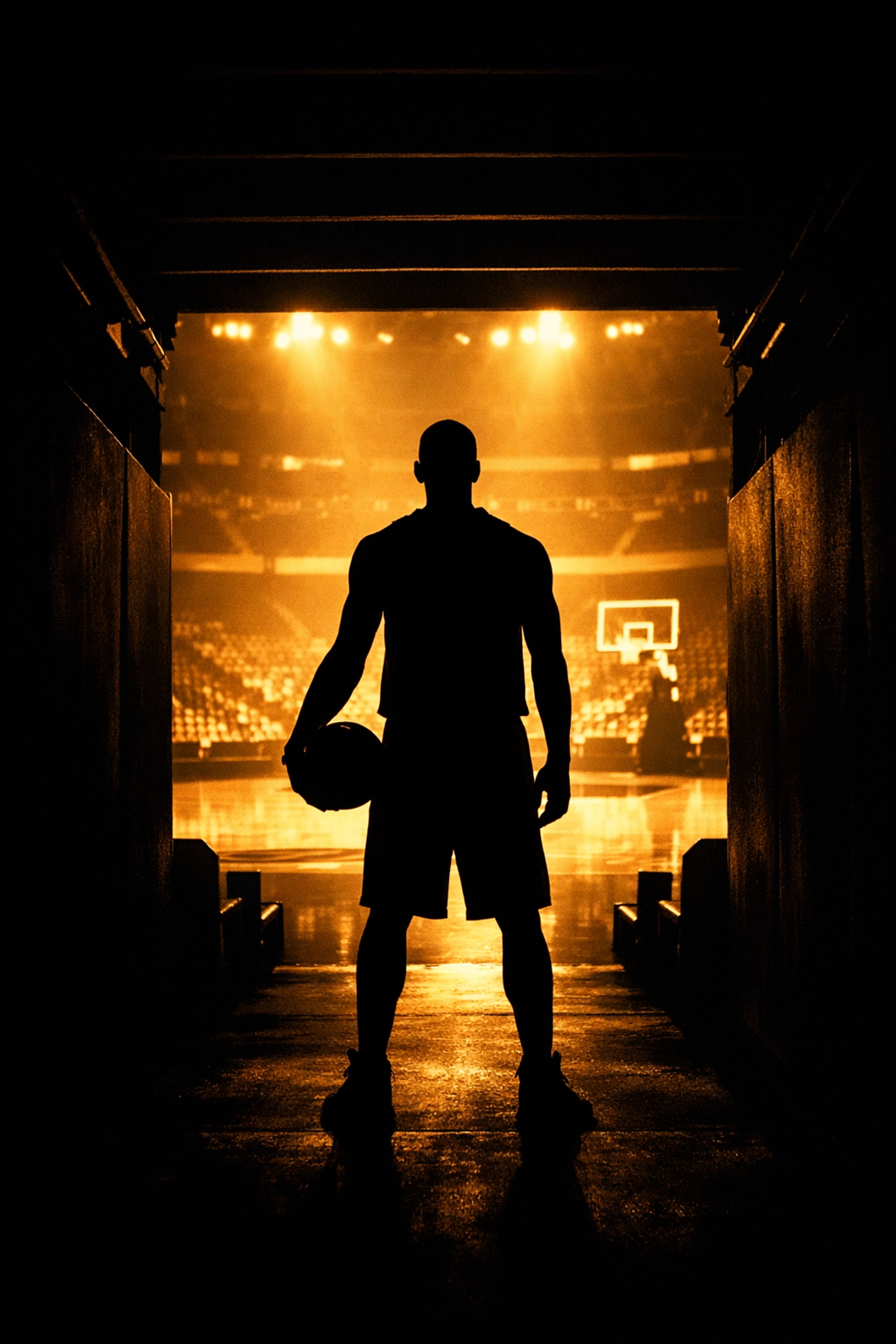 Silhouette of a player entering a bright arena, showcasing the future of college athletics.
