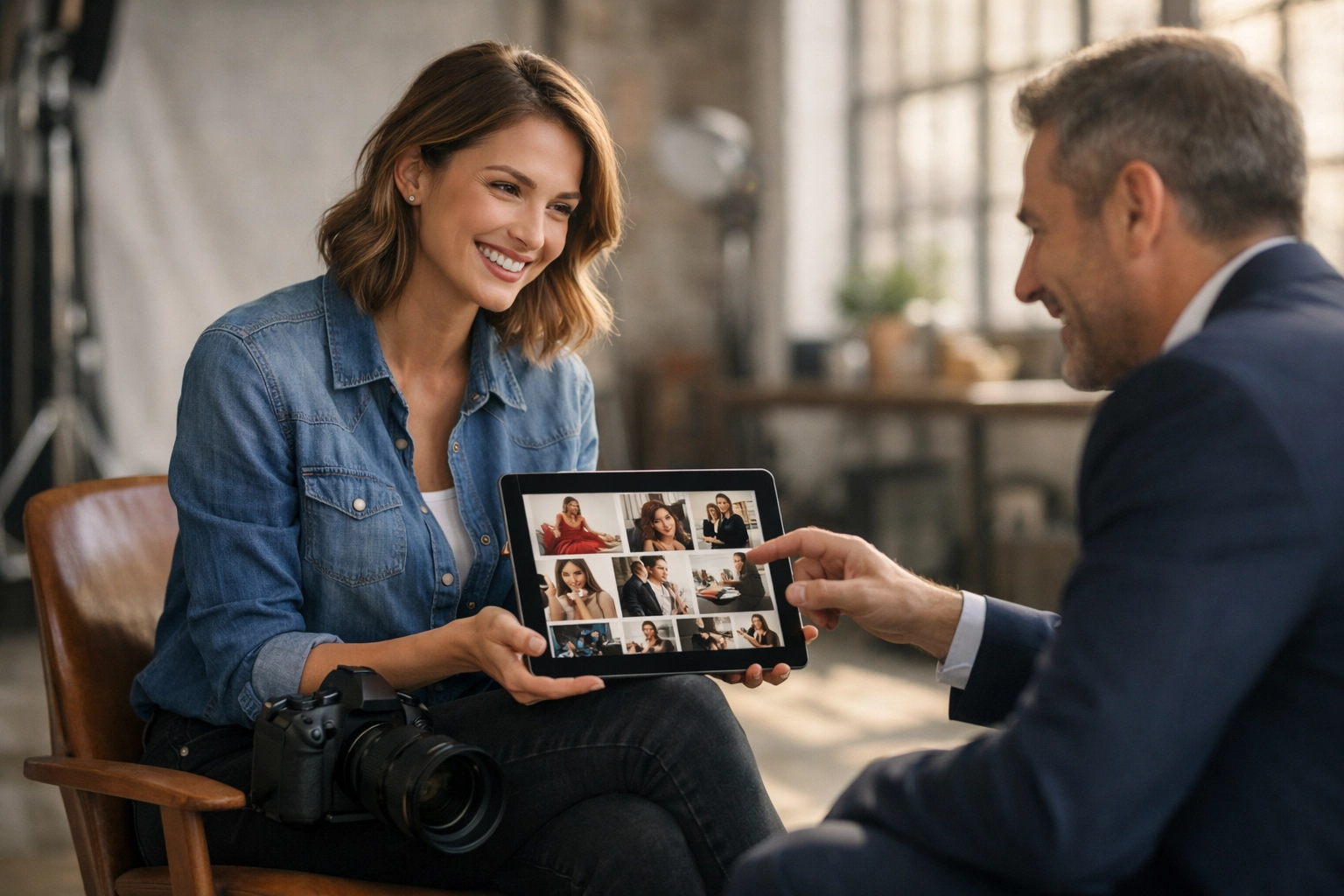 A professional photographer showing her digital portfolio on a tablet to an impressed client in a sunlit studio.