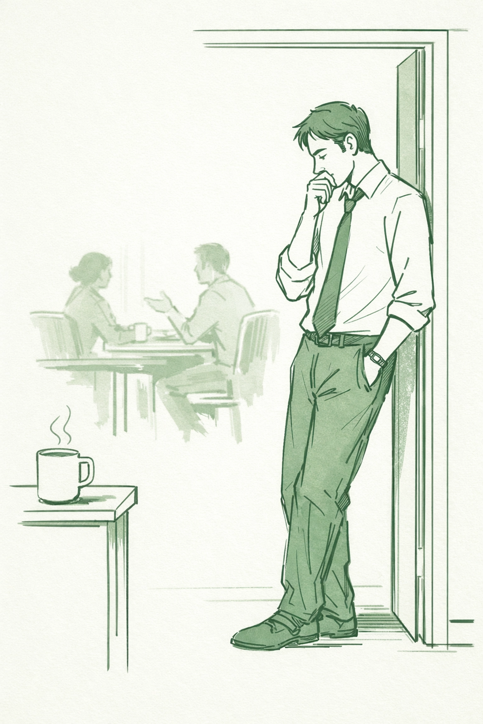 Bisexual man in workplace doorway contemplating daily authenticity and coming out courage