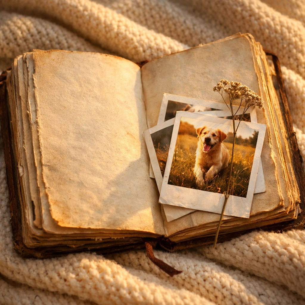 A nostalgic dog cancer journal with photos, documenting a legacy of love and care for a pet.