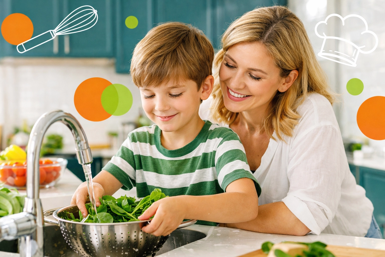 Mother and son preparing a meal together to learn life skills in the kitchen.