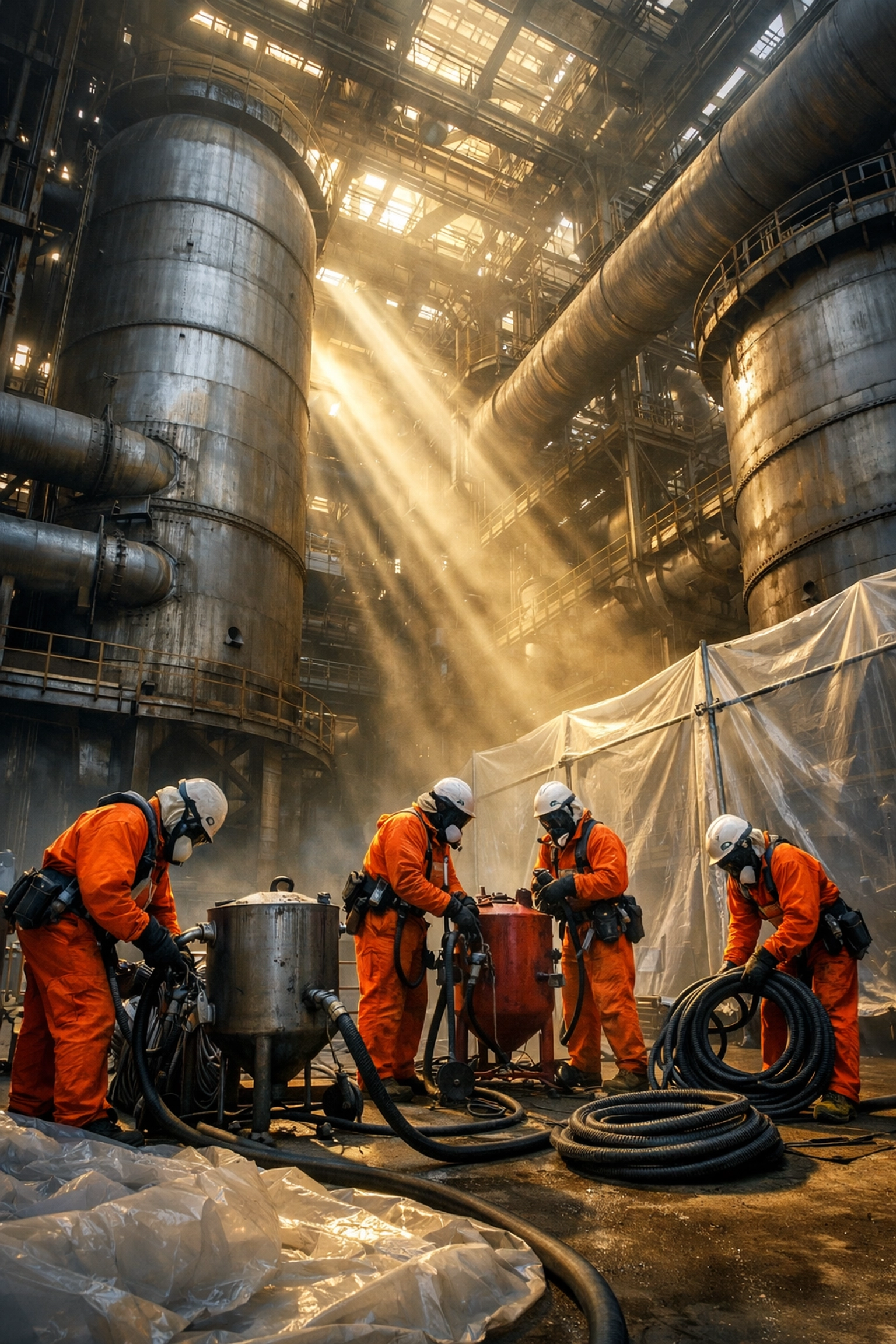 Industrial maintenance team preparing blasting equipment at large boiler facility