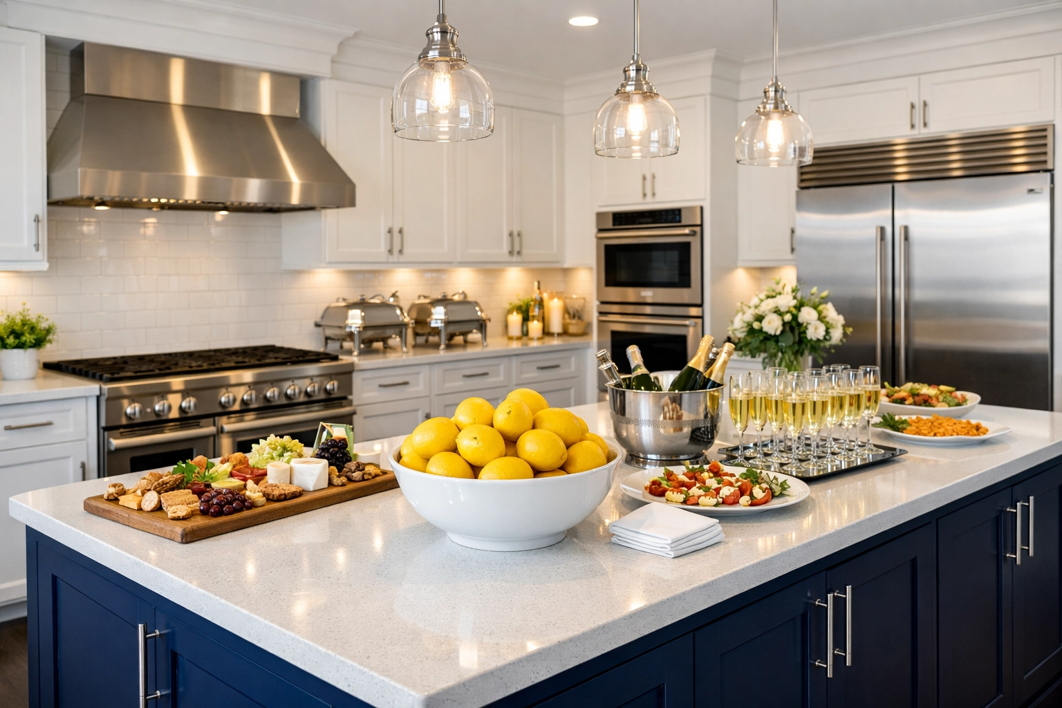 Spotless gourmet kitchen in a Dover mansion, prepped for special occasions with luxury cleaning services.