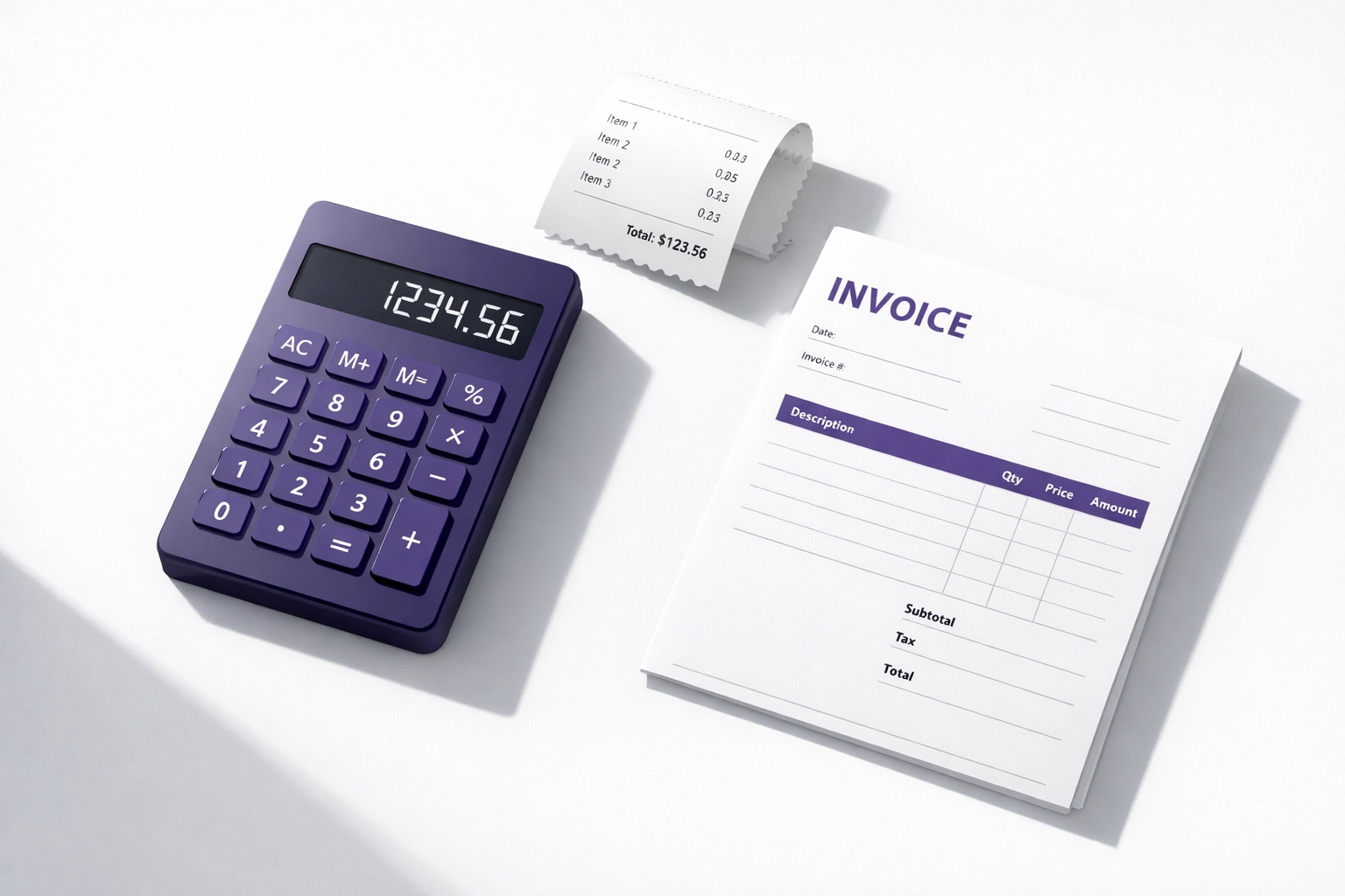 Calculator, receipt, and invoice showing billable expense tracking for startups