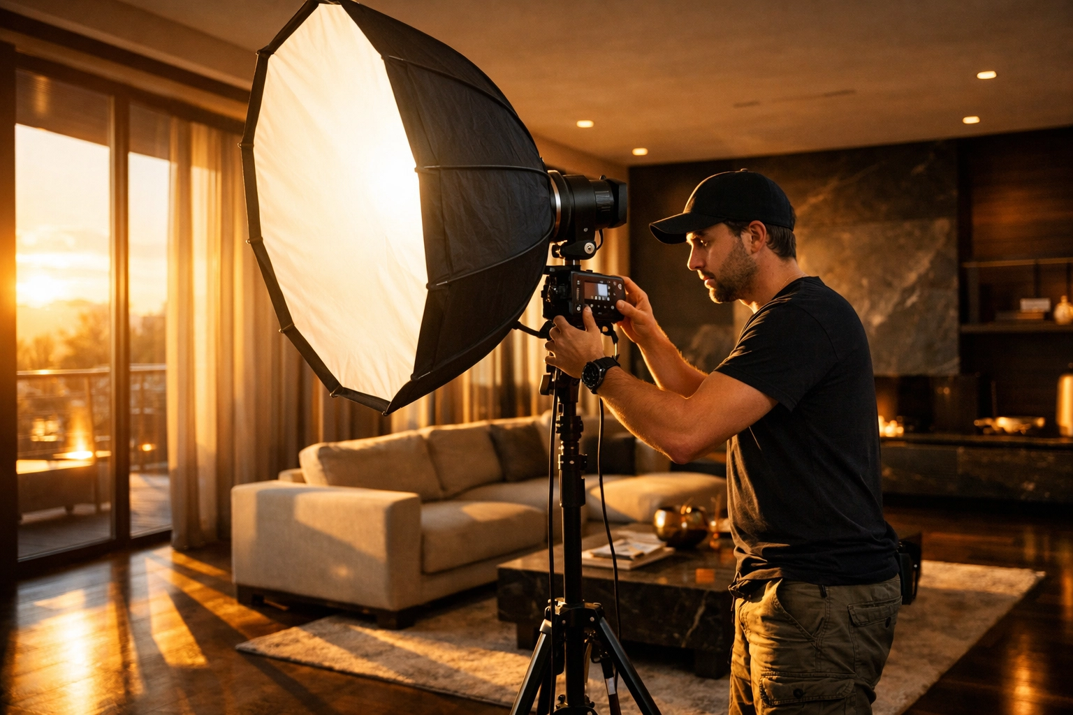 Professional photographer adjusting lighting for an interior shoot, a central topic in our photography tutorials.