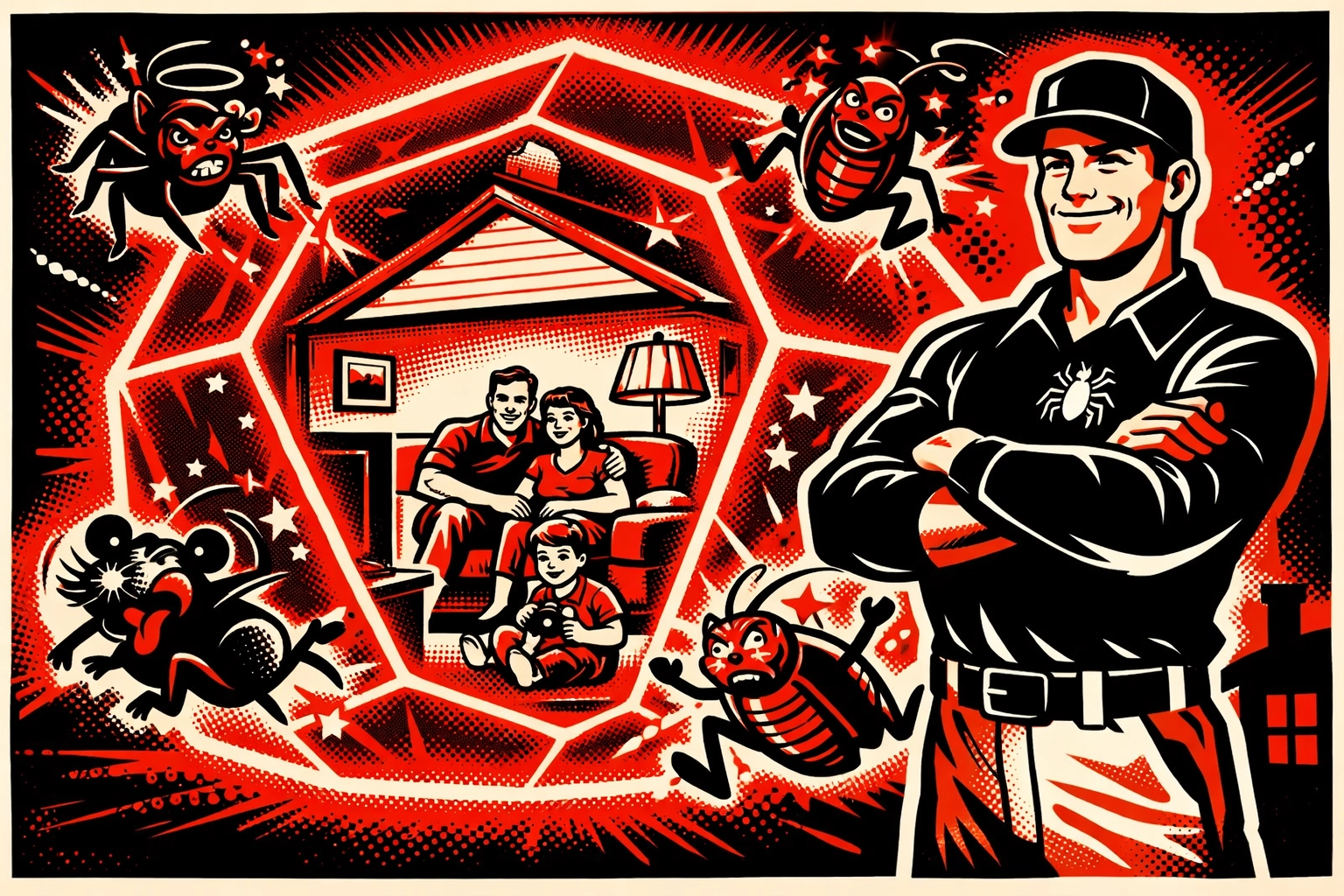 Heroic technician guarding a family home protected by seasonal pest control services in Alabama.