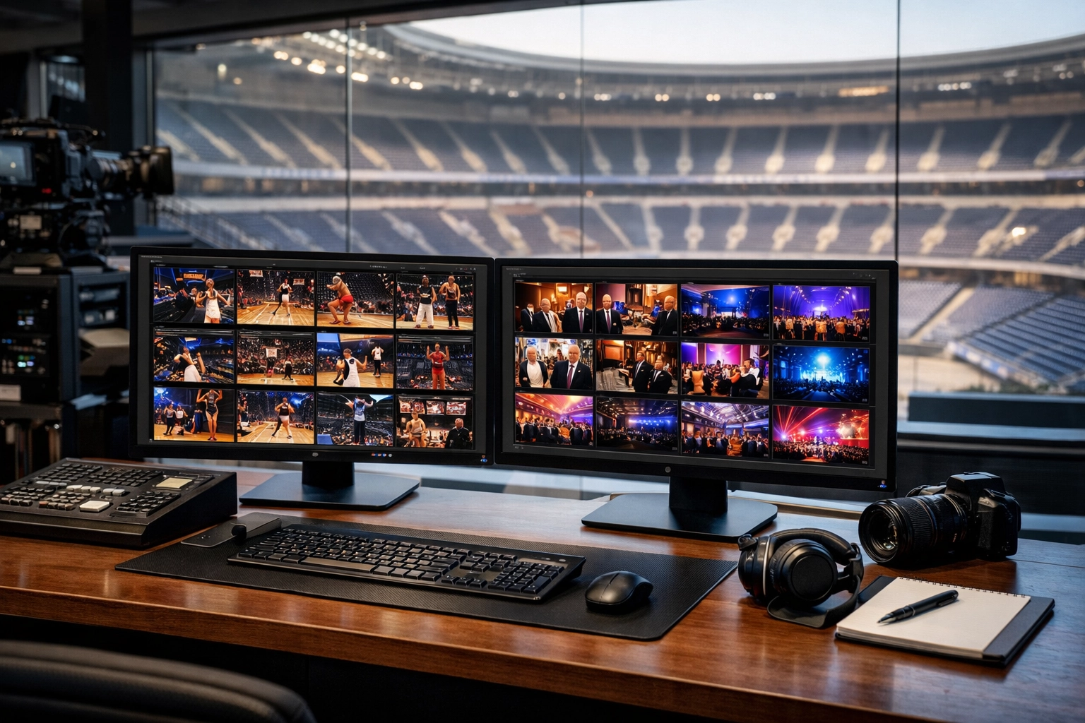 Modern media production office in a stadium showing an organized digital library for venue marketing asset management.