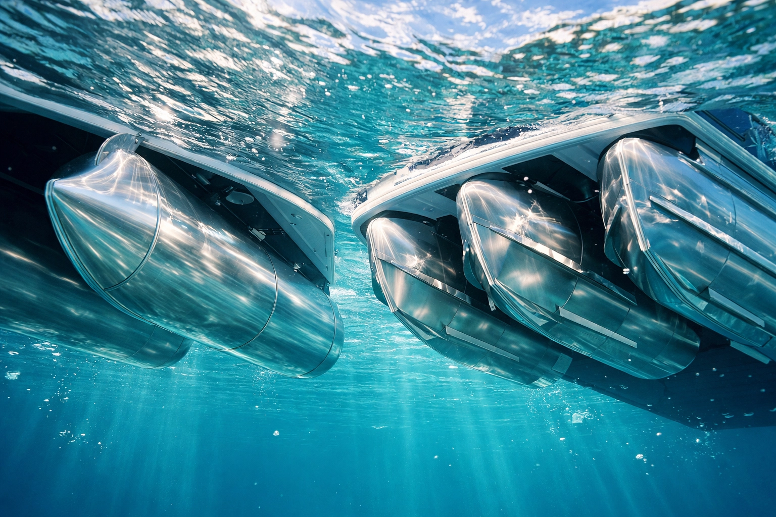 Underwater pontoon vs tritoon comparison showing two tubes vs three tubes with lifting strakes for better performance