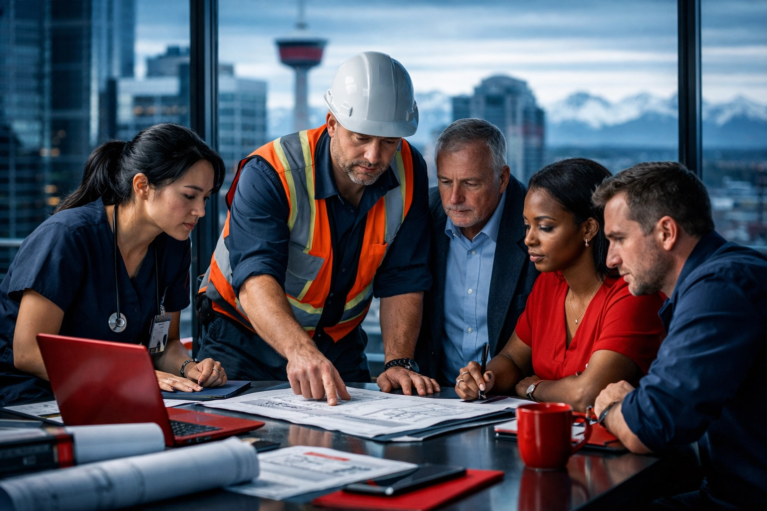Diverse skilled workers in Calgary collaborating to address Canada's labor force needs through immigration.